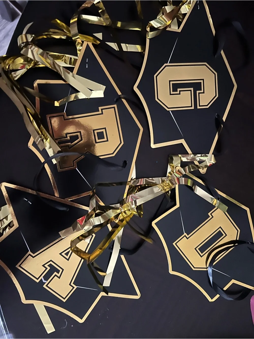 Black & Gold Graduation cap balloons, banner, cupcake toppers, decor bundle